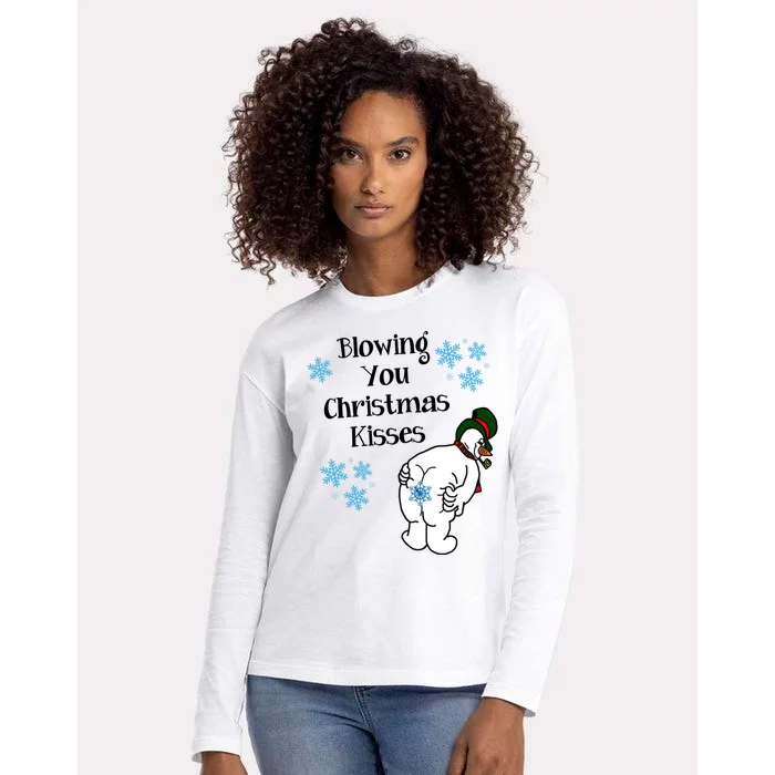 Blowing You Christmas Kisses Funny Snowman Womens Cotton Relaxed Long Sleeve T-Shirt