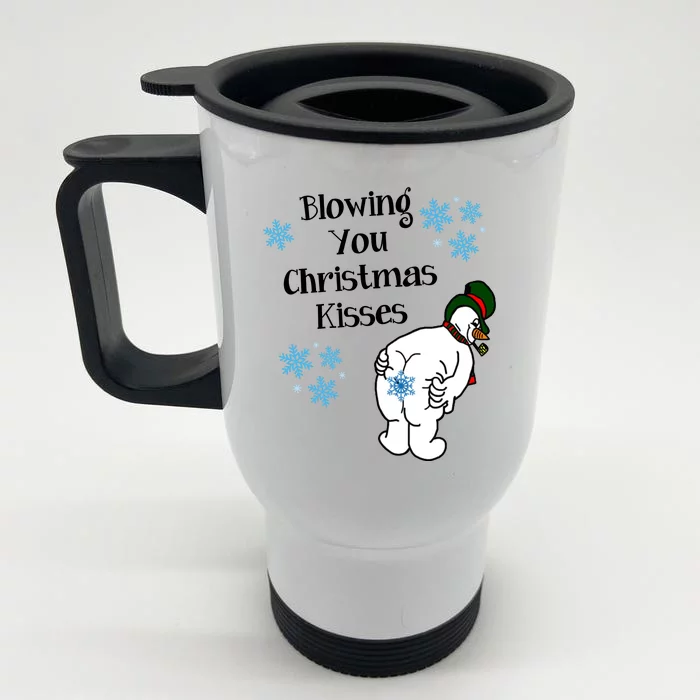 Blowing You Christmas Kisses Funny Snowman Front & Back Stainless Steel Travel Mug