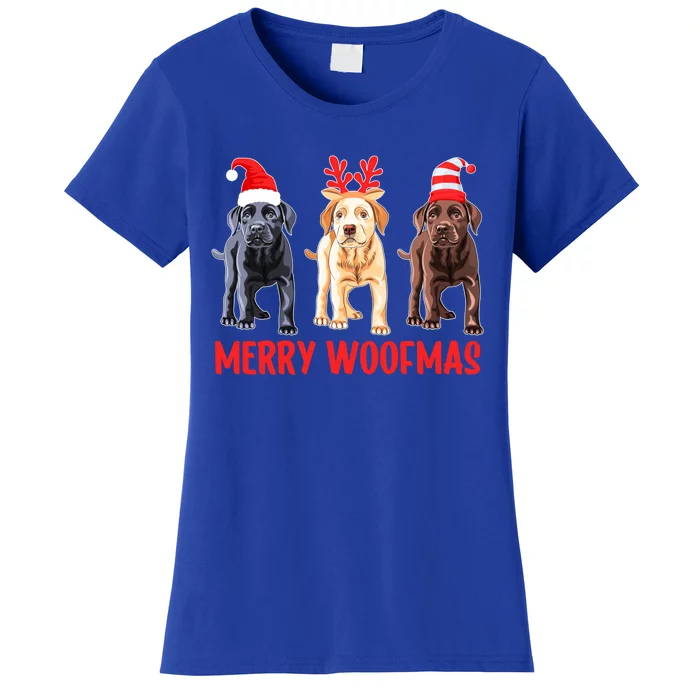 Black Yellow Chocolate Lab Christmas Labrador Merry Woofmas Gift Women's T-Shirt