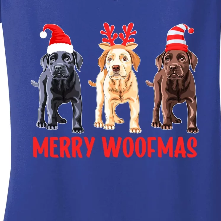 Black Yellow Chocolate Lab Christmas Labrador Merry Woofmas Gift Women's V-Neck T-Shirt