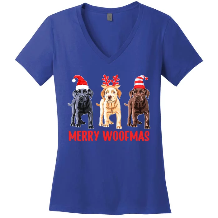 Black Yellow Chocolate Lab Christmas Labrador Merry Woofmas Gift Women's V-Neck T-Shirt