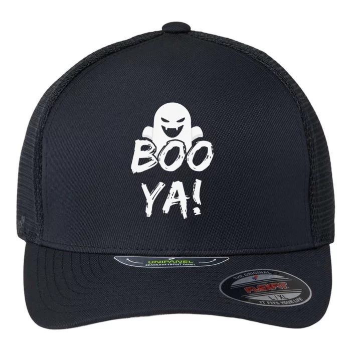 BOO YA! Funny Spooky Ghost Halloween Holiday Flexfit Unipanel Trucker Cap