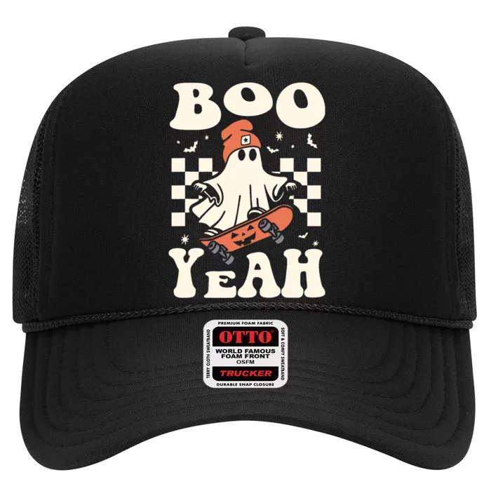 Boo Yeah Halloween Ghost Boy Retro Skateboard High Crown Mesh Trucker Hat