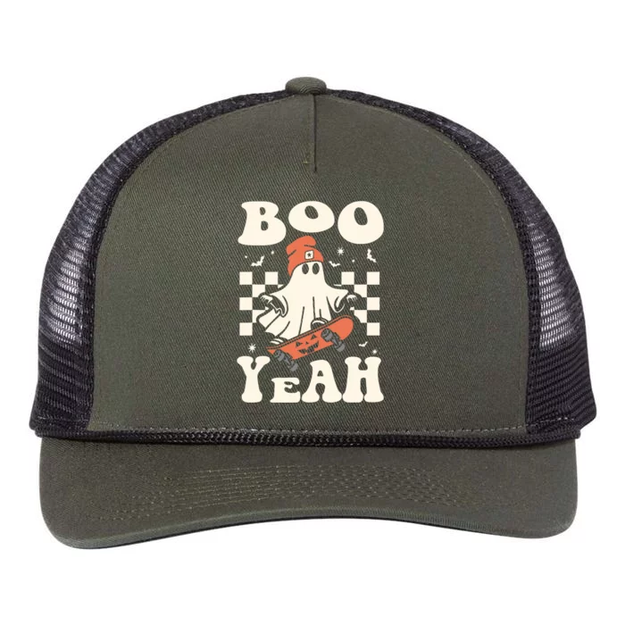 Boo Yeah Halloween Ghost Boy Retro Skateboard Retro Rope Trucker Hat Cap