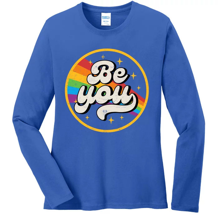 Be You Lgbt Pride Ally Rainbow Flag Retro Vintage Gift Ladies Long Sleeve Shirt