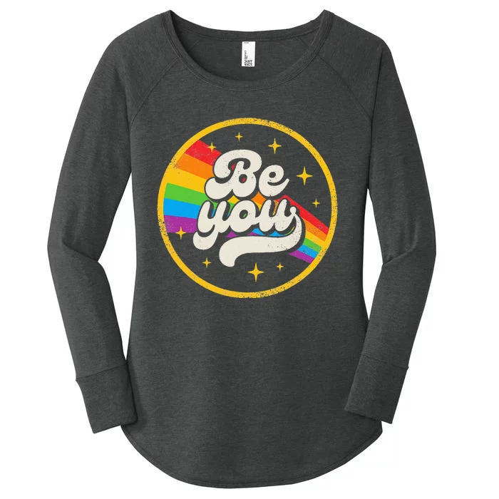 Be You Pride LGBTQ Gay LGBT Ally Rainbow Flag Retro Galaxy Women's Perfect Tri Tunic Long Sleeve Shirt