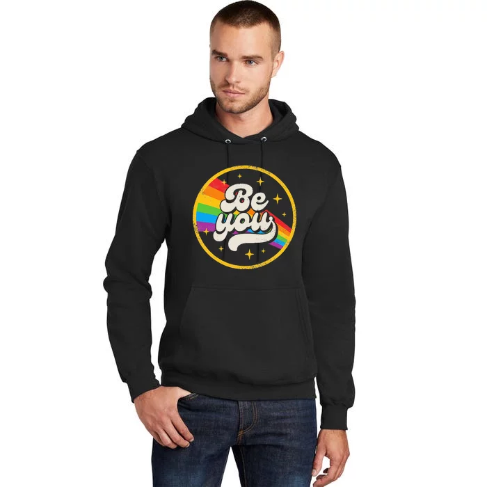 Be You Pride LGBTQ Gay LGBT Ally Rainbow Flag Retro Galaxy Tall Hoodie