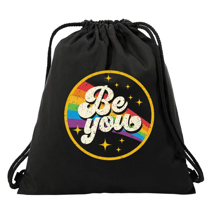 Be You Pride LGBTQ Gay LGBT Ally Rainbow Flag Retro Galaxy Drawstring Bag