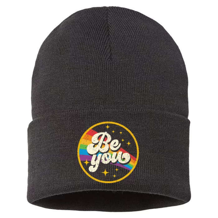 Be You Pride LGBTQ Gay LGBT Ally Rainbow Flag Retro Galaxy Sustainable Knit Beanie