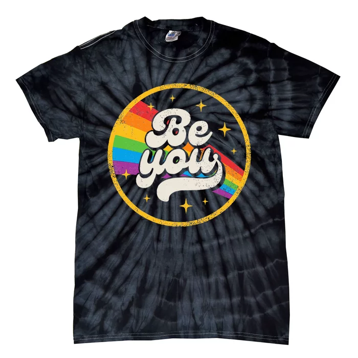 Be You Pride LGBTQ Gay LGBT Ally Rainbow Flag Retro Galaxy Tie-Dye T-Shirt