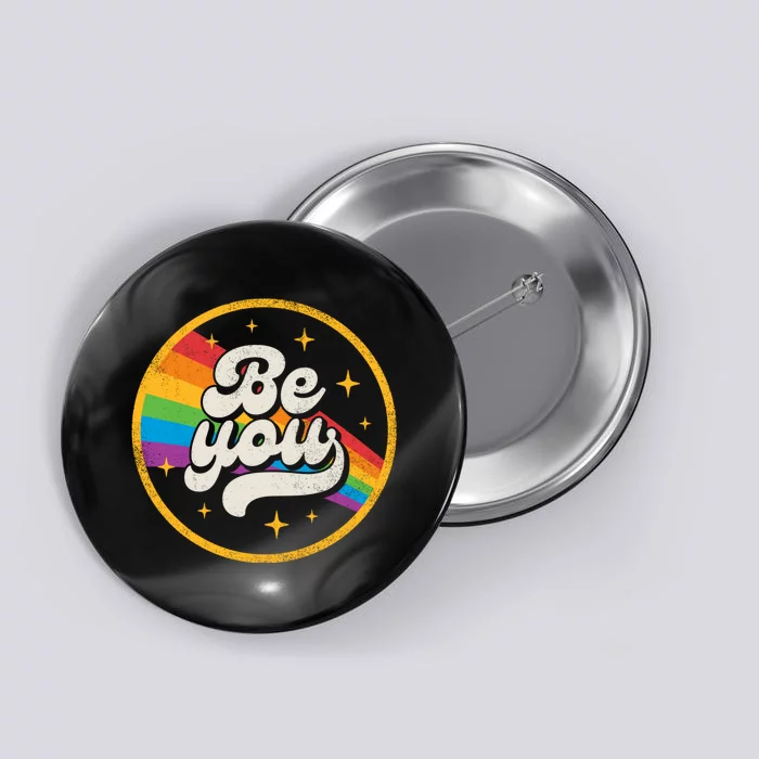 Be You Pride LGBTQ Gay LGBT Ally Rainbow Flag Retro Galaxy Button