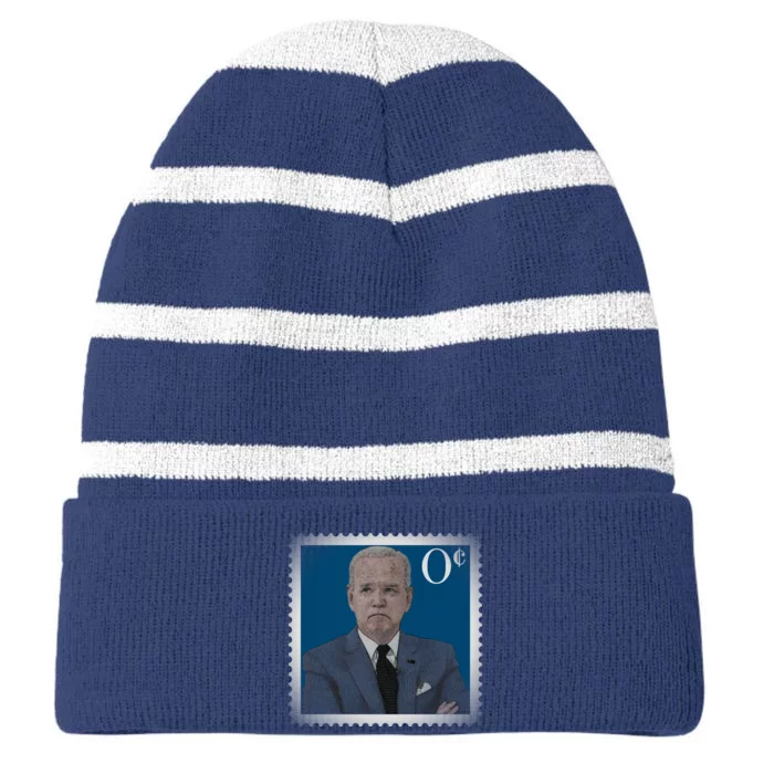 Biden Zero Cents Stamp Joe 0 Funny President Striped Beanie with Solid Band