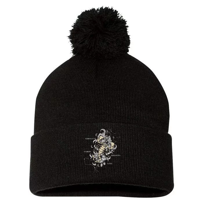 Backprint Zodiac Sign Scorpio Pom Pom 12in Knit Beanie