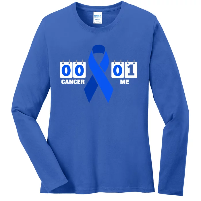 Cancer 00 Me 01 Blue Ribbon Colon Cancer Awareness Funny Gift Ladies Long Sleeve Shirt