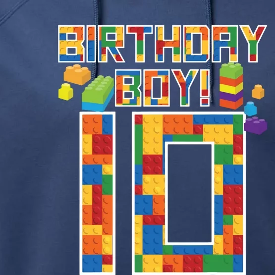 Cute 10th Birthday Gift 10 Years Old Block Building Performance Fleece Hoodie