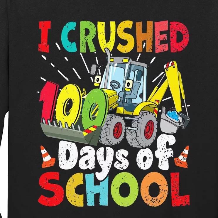 Crushed 100 Days Of School Construction Excavator Truck Long Sleeve Shirt