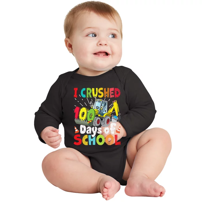 Crushed 100 Days Of School Construction Excavator Truck Baby Long Sleeve Bodysuit