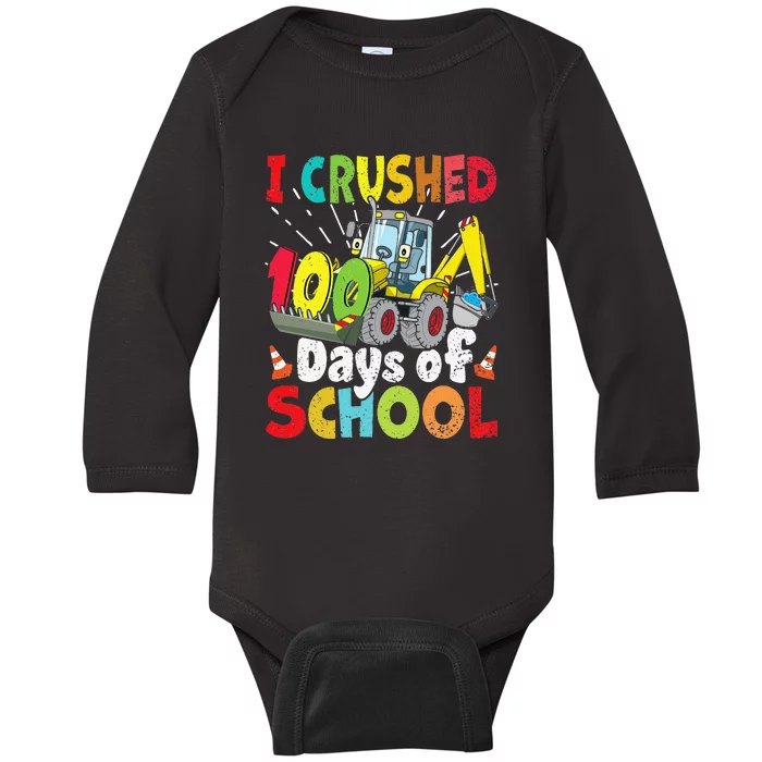 Crushed 100 Days Of School Construction Excavator Truck Baby Long Sleeve Bodysuit