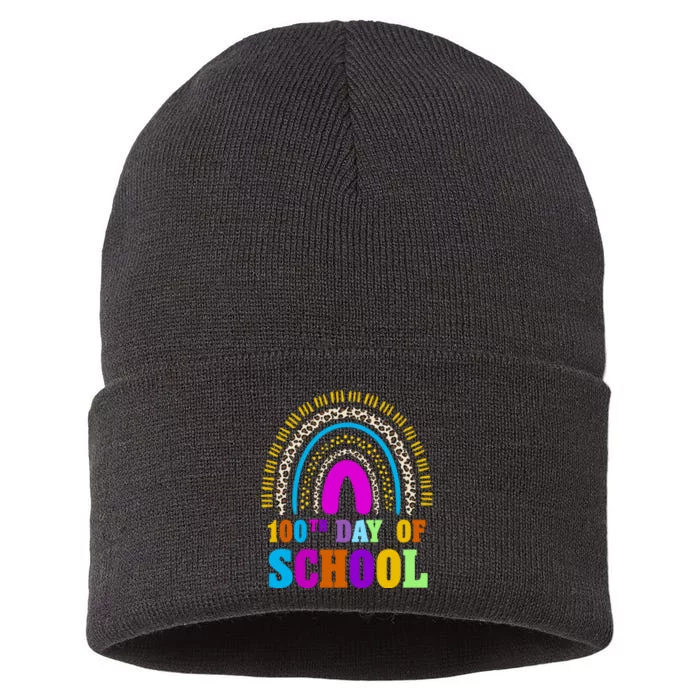 Cute 100th Day Of School Leopard Rainbow Sustainable Knit Beanie