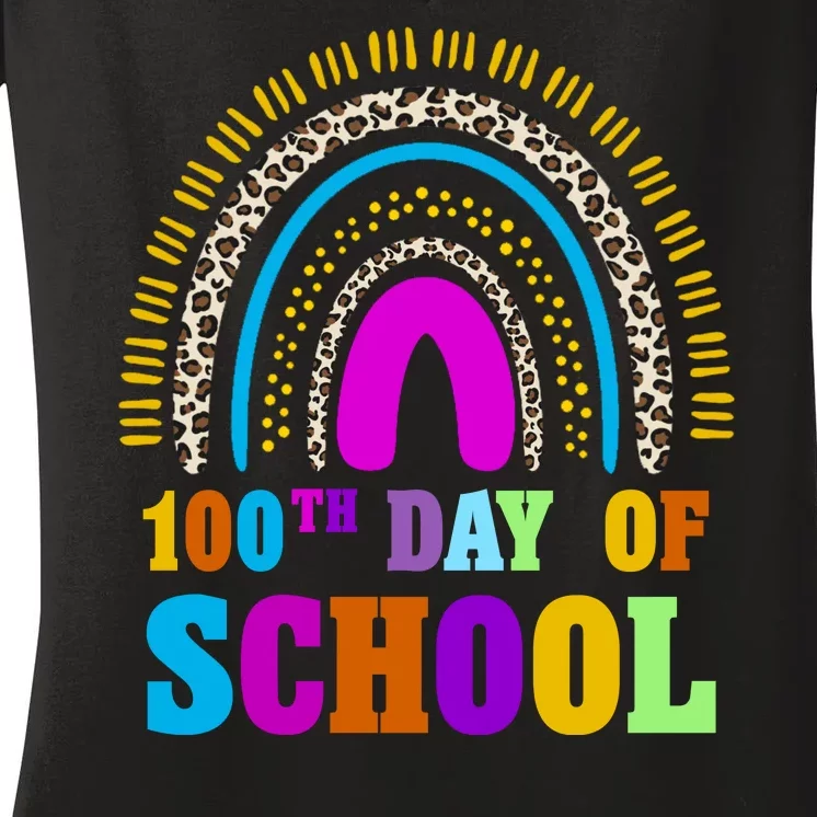 Cute 100th Day Of School Leopard Rainbow Women's V-Neck T-Shirt