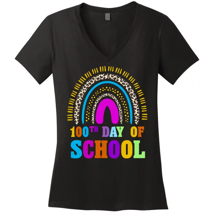 Cute 100th Day Of School Leopard Rainbow Women's V-Neck T-Shirt