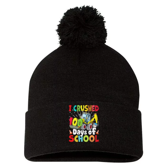 Crushed 100 Days Of School Construction Excavator Truck Pom Pom 12in Knit Beanie