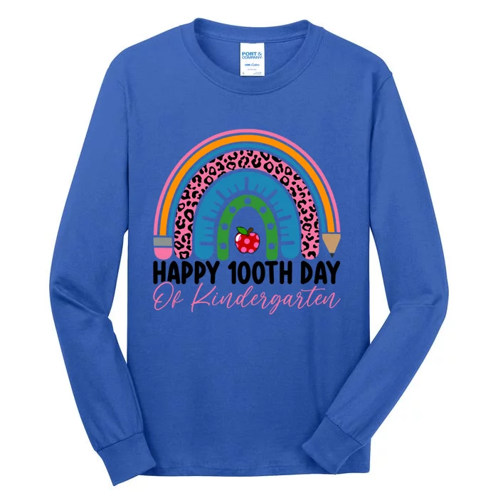 Cute 100th Day Of Kindergarten 100 Days Leopard Rainbow Gift Tall Long Sleeve T-Shirt