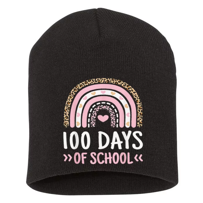 Cute 100th Day Of School 100 Days Leopard Rainbow Short Acrylic Beanie