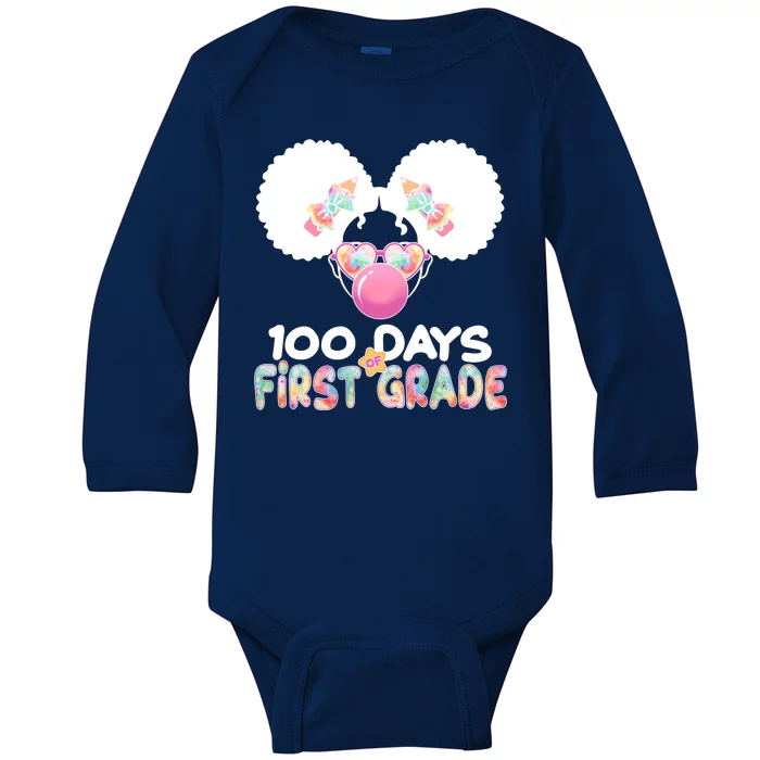 Cute 100 Days Of First Grade Tie Dye Afro Puff Girl Baby Long Sleeve Bodysuit