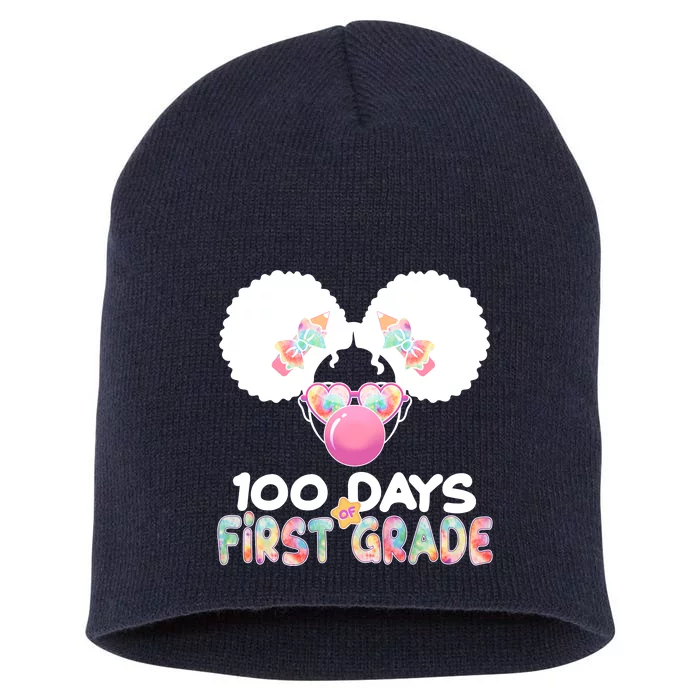 Cute 100 Days Of First Grade Tie Dye Afro Puff Girl Short Acrylic Beanie