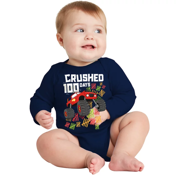 Crushed 100 Days Of School Boy Monster Truck 100th Baby Long Sleeve Bodysuit