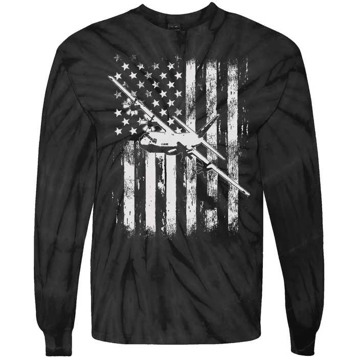 C 130 Hercules Military Aircraft American Flag Tie-Dye Long Sleeve Shirt