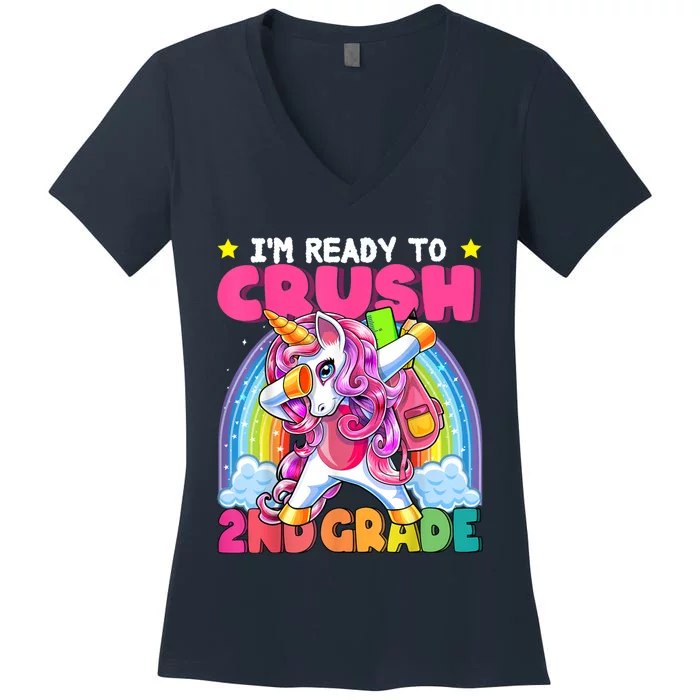 Crush 2nd Grade Dabbing Unicorn Back To School Girl Gift Women's V-Neck T-Shirt