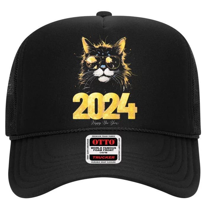 Cat  2024 Happy New Year New Years Eve Party Matching High Crown Mesh Trucker Hat