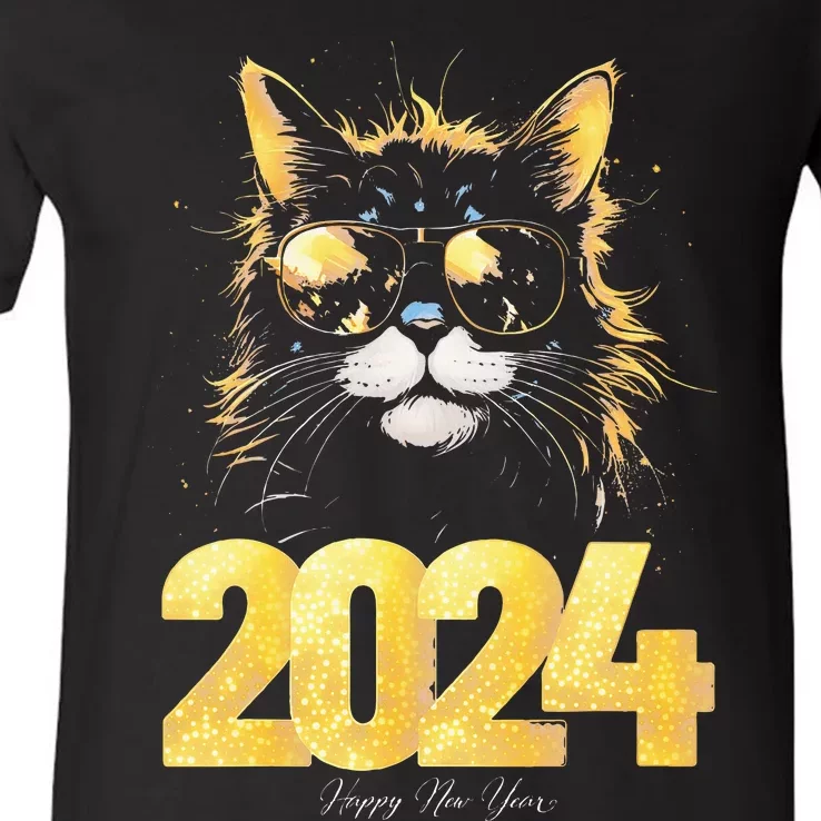 Cat  2024 Happy New Year New Years Eve Party Matching V-Neck T-Shirt