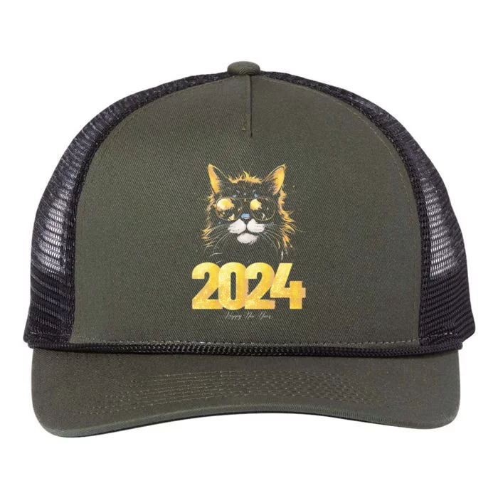 Cat  2024 Happy New Year New Years Eve Party Matching Retro Rope Trucker Hat Cap