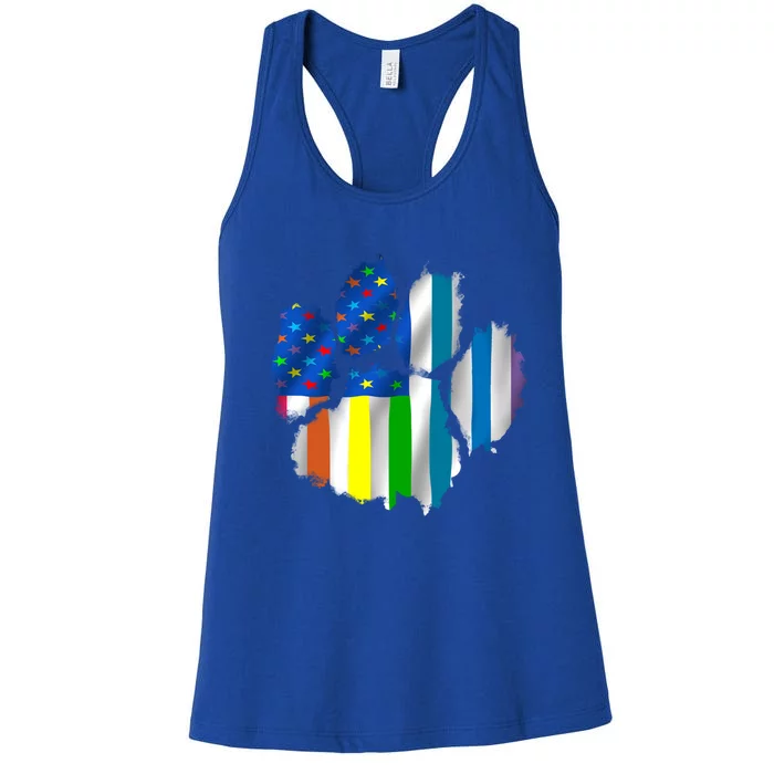 Colorful 2020 Lgbtq Pride Month Paw Print Usa Rainbow Flag Gift Women's Racerback Tank