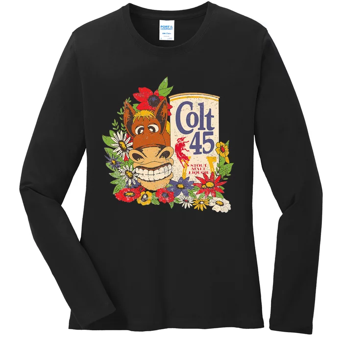 Colt 45 Beer Vintage Donkey Authentic Artwork Ladies Long Sleeve Shirt