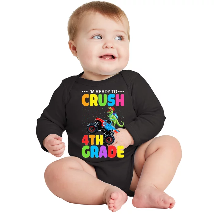 Crush 4th Grade Dinosaur Monster Truck Back to School Baby Long Sleeve Bodysuit