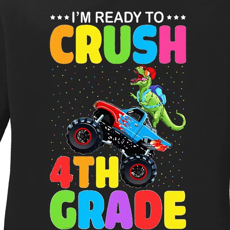 Crush 4th Grade Dinosaur Monster Truck Back to School Ladies Long Sleeve Shirt