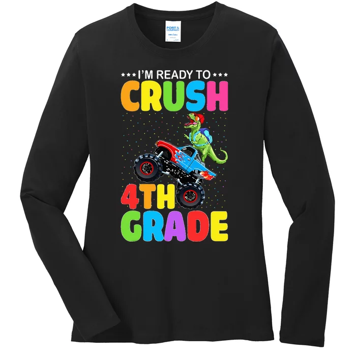 Crush 4th Grade Dinosaur Monster Truck Back to School Ladies Long Sleeve Shirt