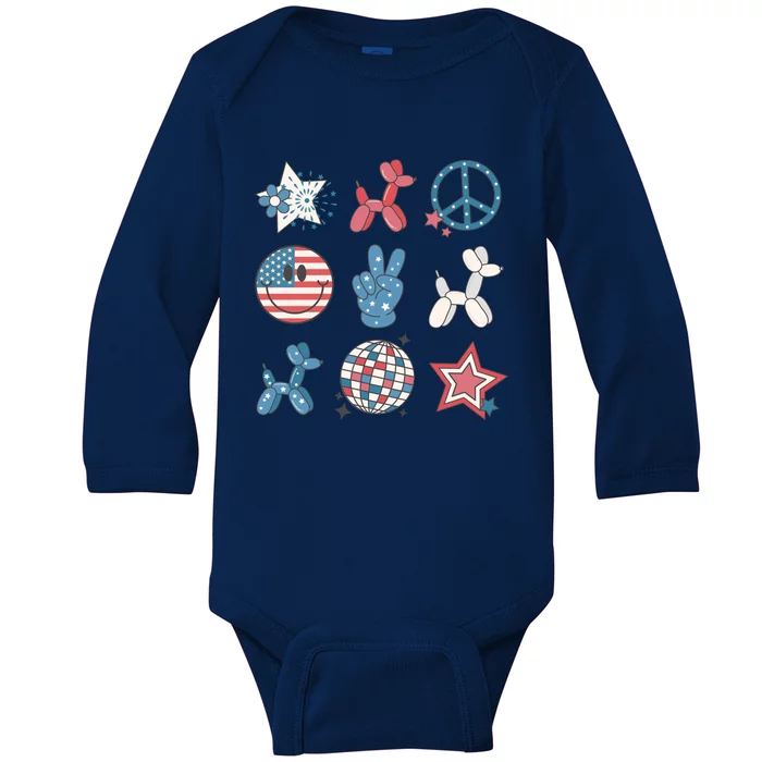 Cute 4th Of July Smiley Peace Freedom Independence Day Baby Long Sleeve Bodysuit