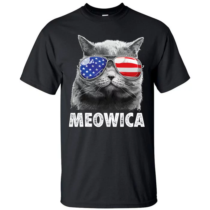 Cat 4th Of July Meowica Girl Boy American Flag Sunglasses Tall T-Shirt