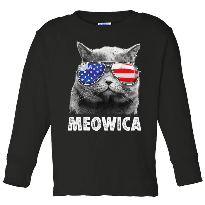 Cat 4th Of July Meowica Girl Boy American Flag Sunglasses Toddler Long Sleeve Shirt