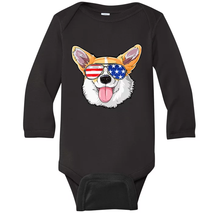 Corgi 4th Of July American Sunglasses Dog Puppy USA Dog Baby Long Sleeve Bodysuit