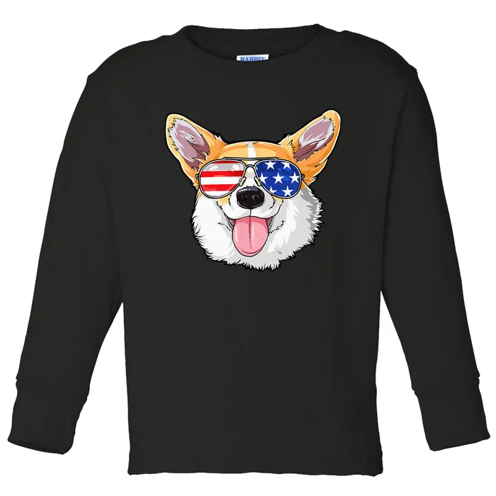 Corgi 4th Of July American Sunglasses Dog Puppy USA Dog Toddler Long Sleeve Shirt