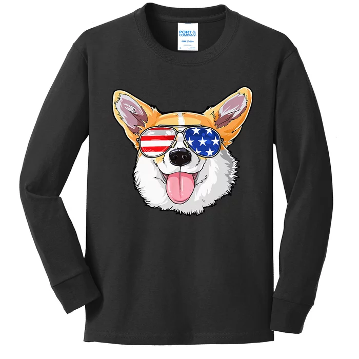 Corgi 4th Of July American Sunglasses Dog Puppy USA Dog Kids Long Sleeve Shirt