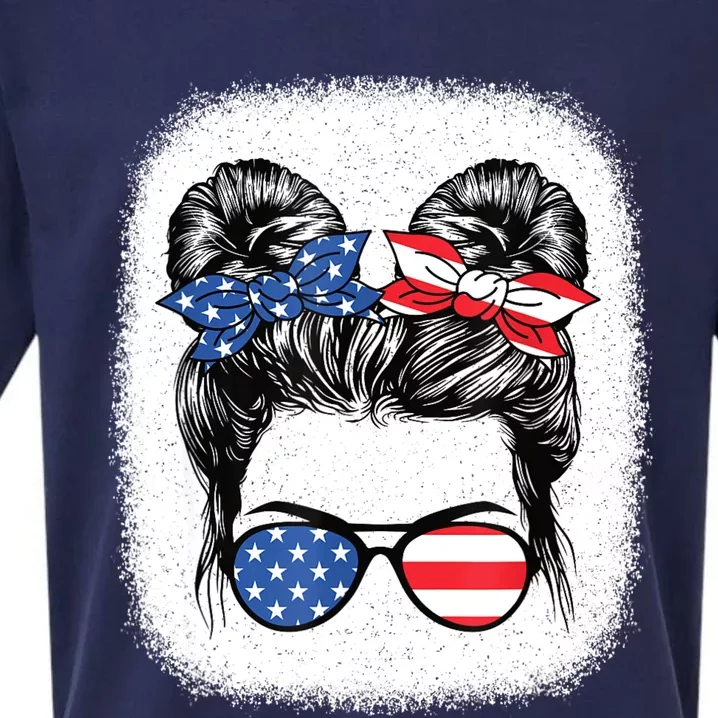 Cute 4th Of July Messy Bun Girl American Flag Patriotic USA Sueded Cloud Jersey T-Shirt