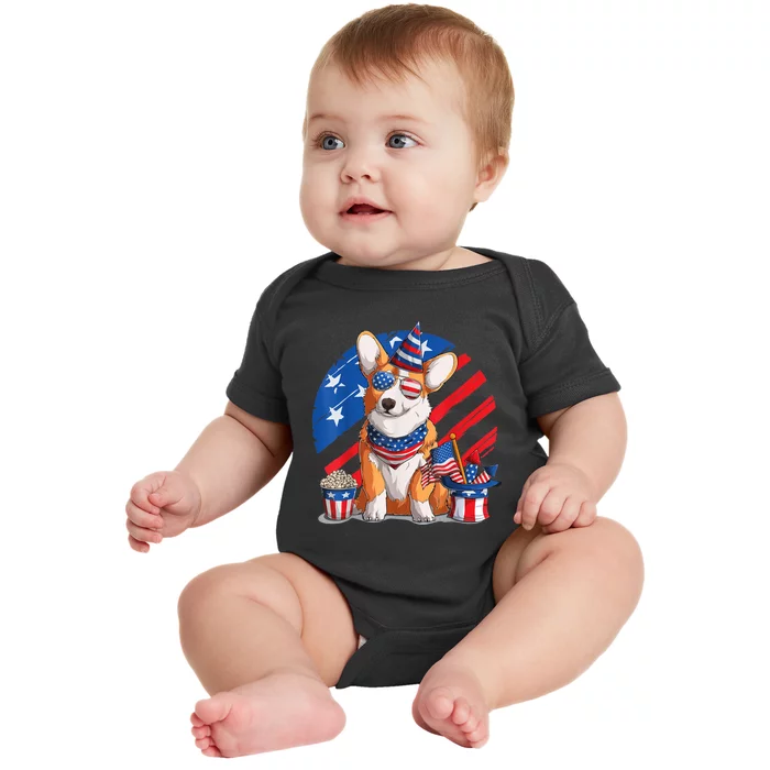 Corgi 4th Of July American Sunglasses Dog Puppy USA Corgi Baby Bodysuit