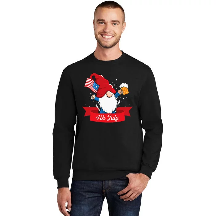 Cute 4th of July Gnome with Us Flag and Beer Patriotic Tall Sweatshirt